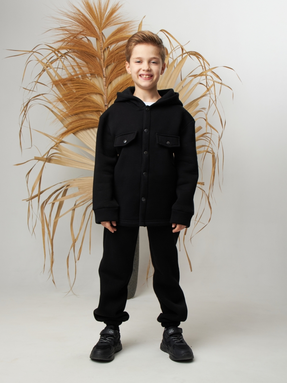 333. Костюм детский (Брюки+Толстовка) на кнопках, черный, хлопок 65%, 35% ПЭ, 3-х нитка с  начесом 98,104,110,116