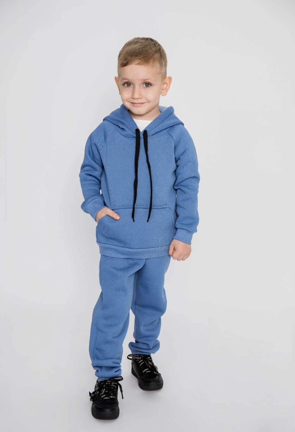 296-ДЖ. Свитшот с капюшоном + Штаны, хлопок 65%, 35% ПЭ, 3-х нитка (начес) джинсовый 122,128,134,140